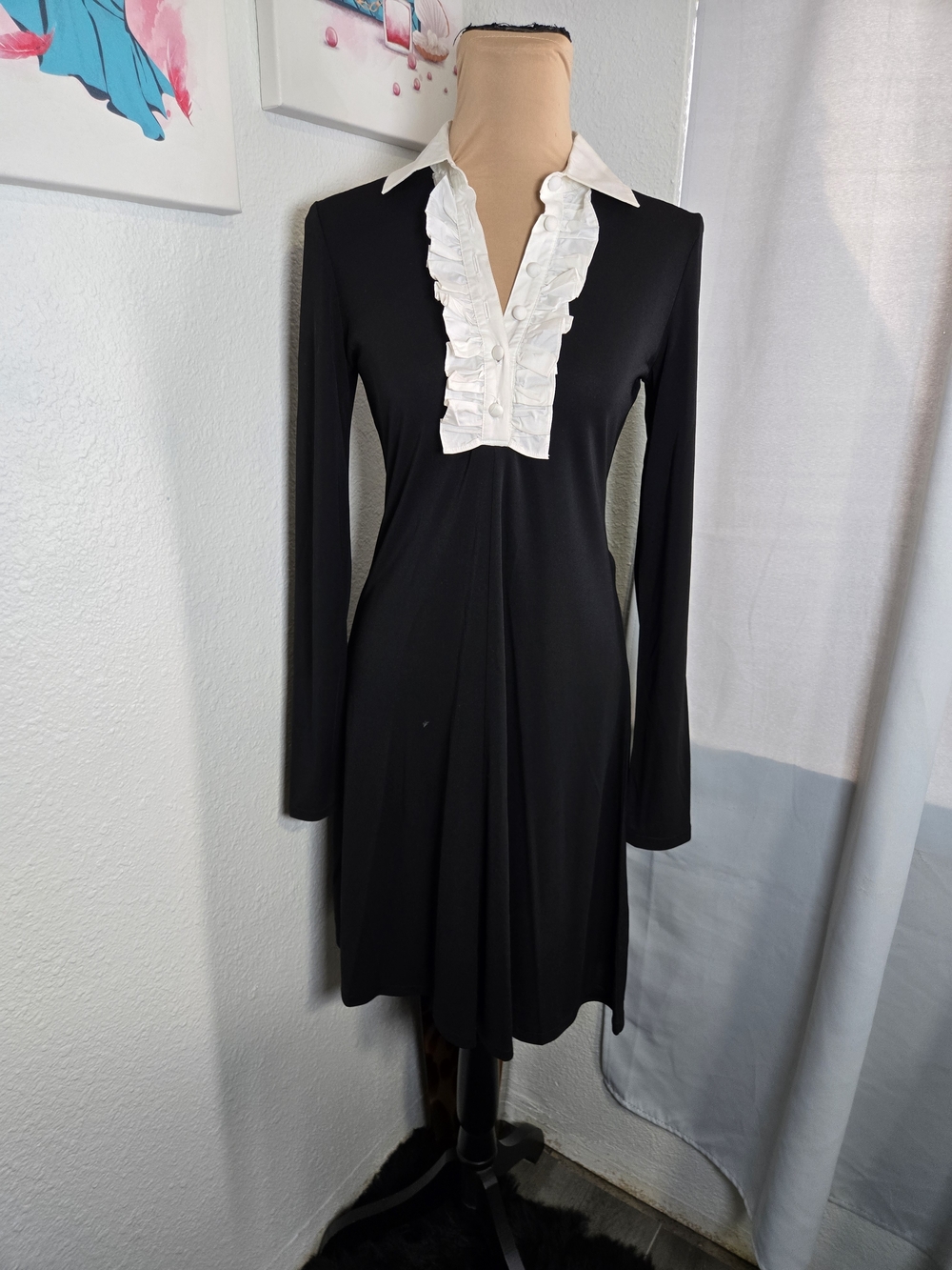 Isaac Mizrahi Black Long-Sleeve Dress with White Ruffled Placket and Collar